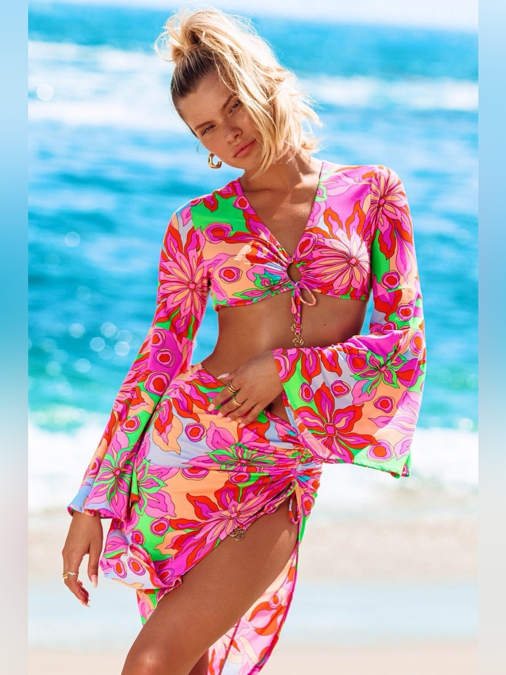 Luli Fama VIVI IL MOMENTO Drawstring Loop Crop Top & Drawstring Tulip Skirt Set